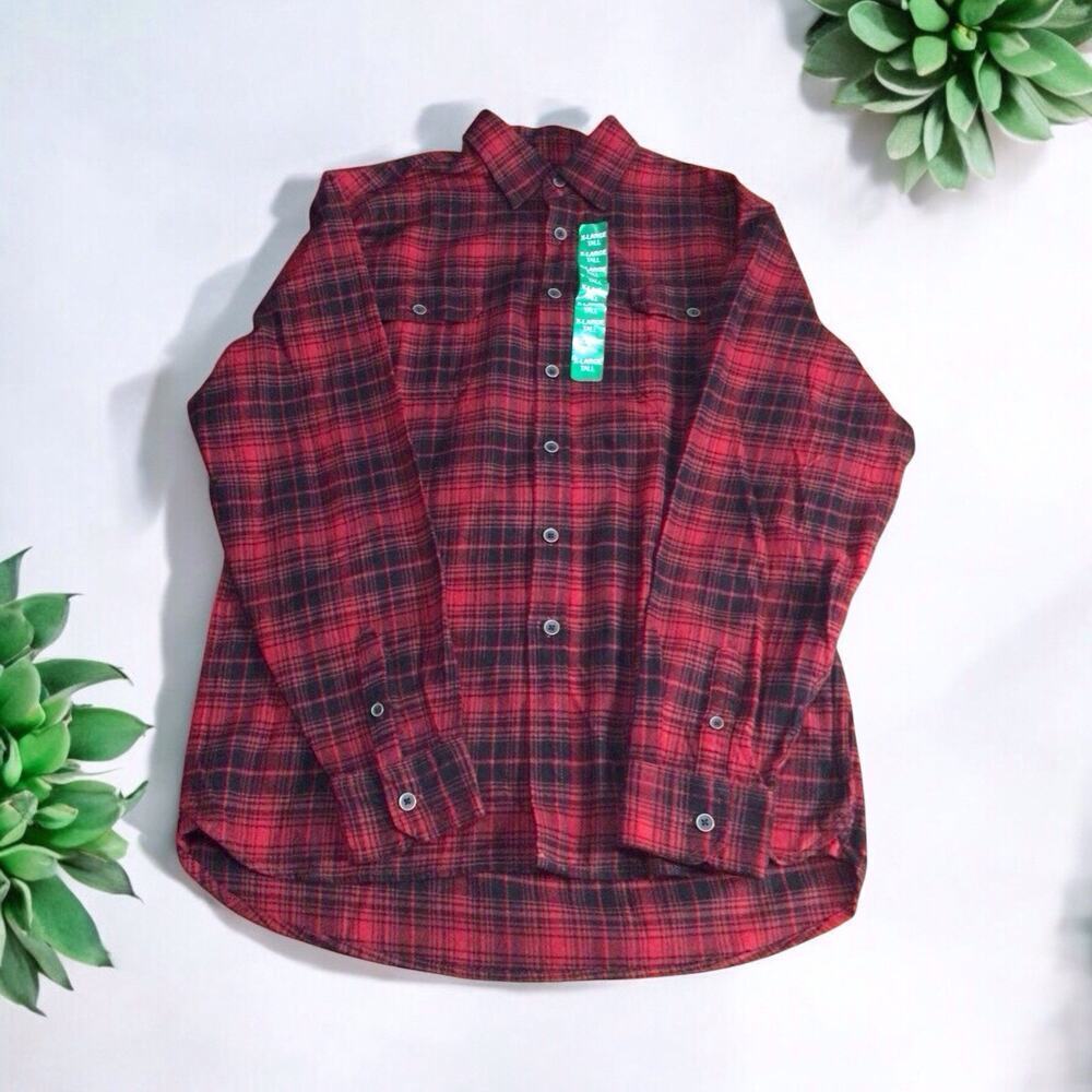 Jachs Flannel Shirt Men Sz XLT Red Plaid Long Sleeve Button Casual Heavy Cotton